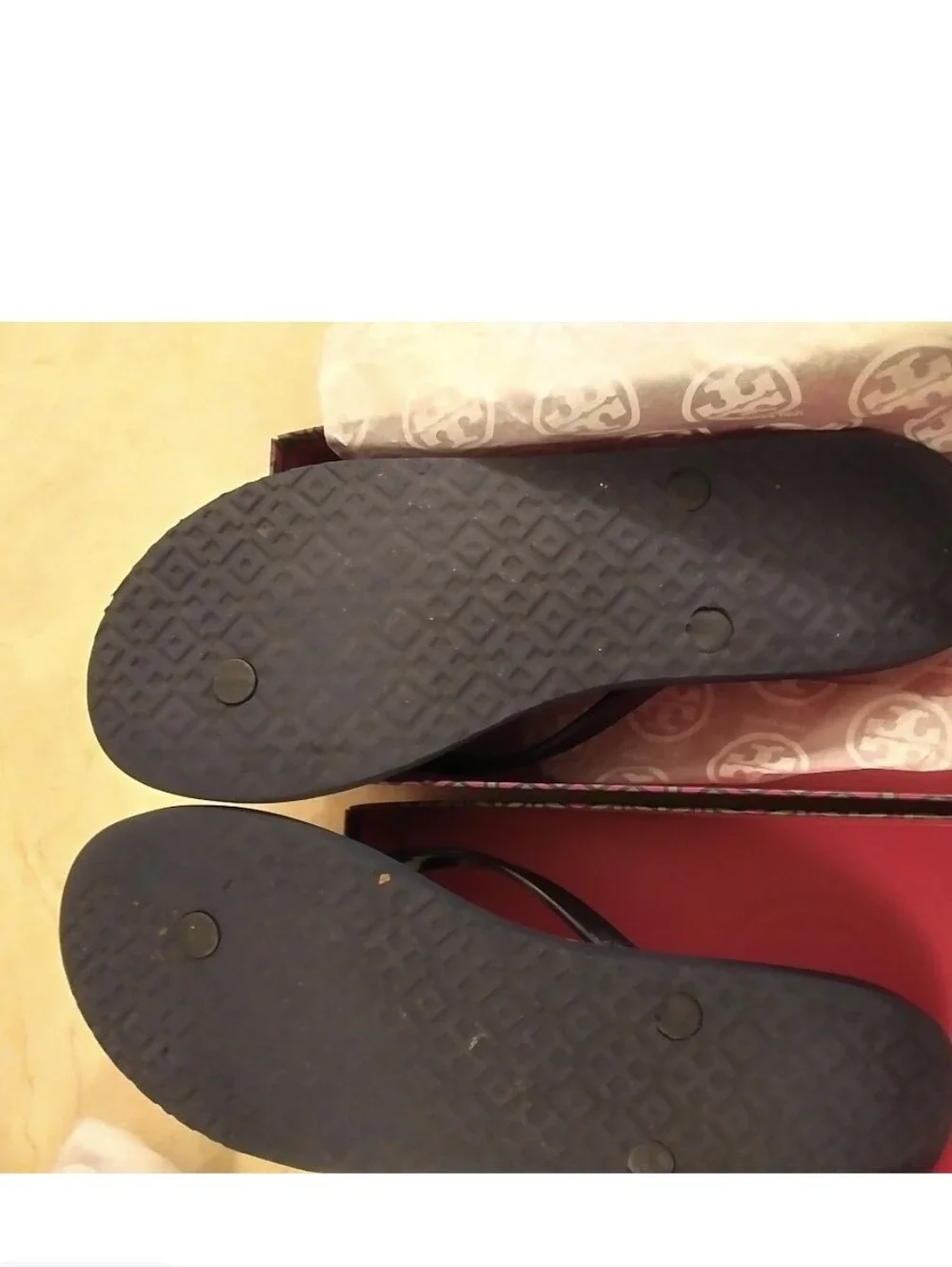 Tory Burch Blue Patent Logo Thong Sandals with Geometric Print Footbed